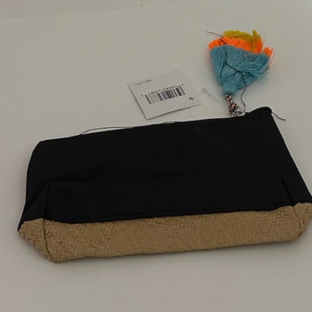 Woven Faux Straw & Black Fabric Cosmetic Case Pouch with Neon Tassel Accent NWT